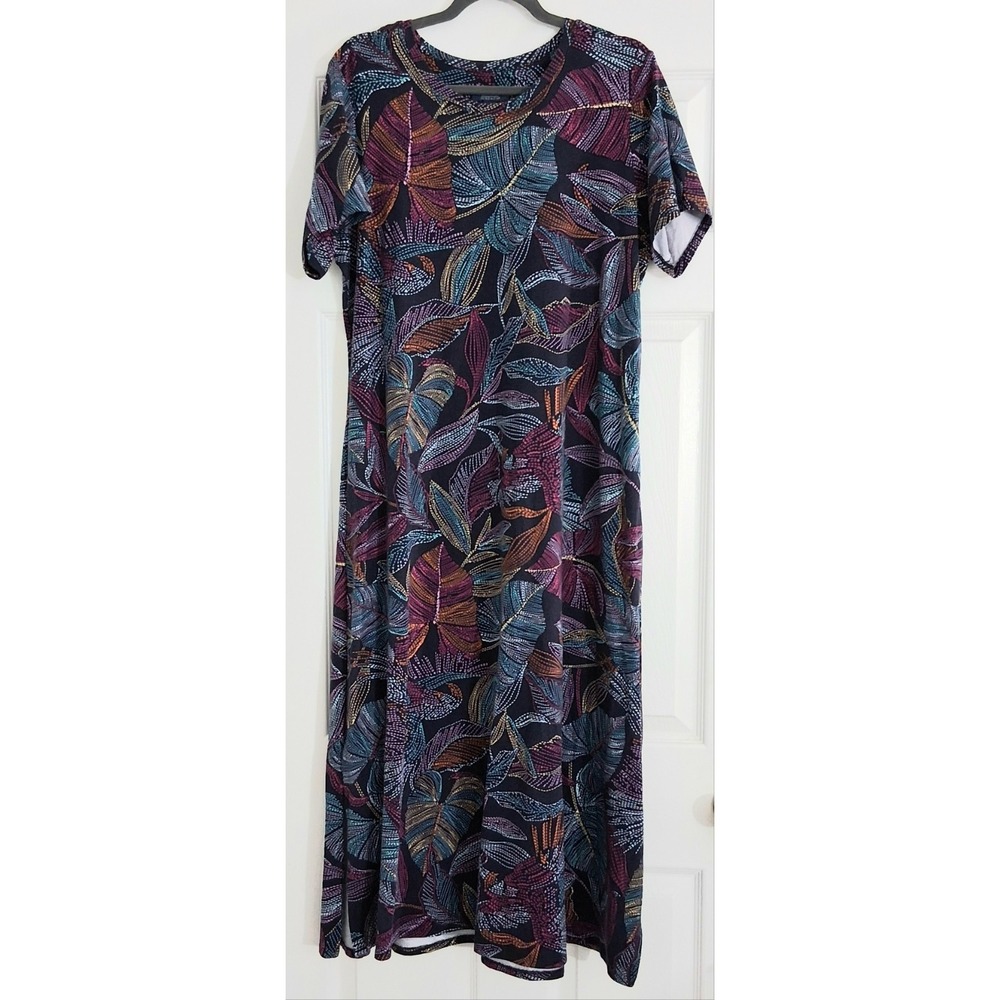 Denim & Co. Beach Dress Sizeβ LP Petite Jersey Maxi Blue Tropical Leaves Resort